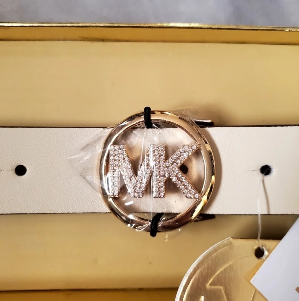 Michael Kors White Leather Belt Gold Hardwear Gift Box Size L/XL NWT